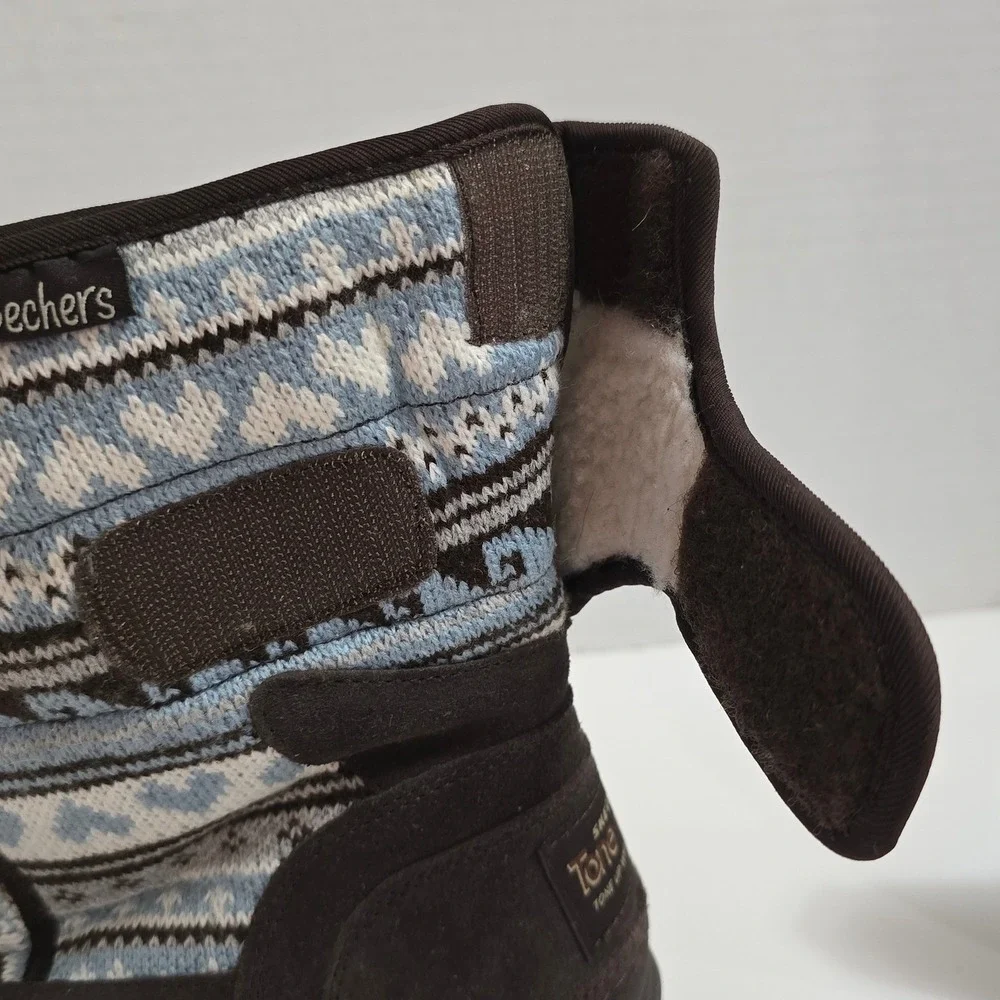 Skechers Tone-ups Cozy Knit Winter Boots Womens Size 7 Blue‎ Fair Isle Heritage
